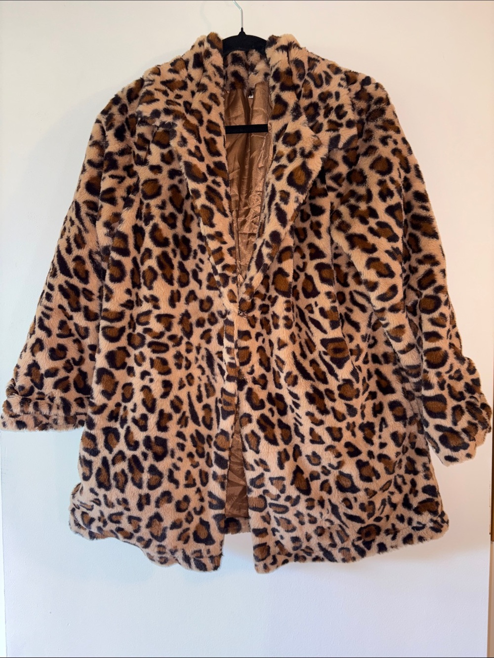 Retro Leopard Print Teddy Coat - Tan & Black Faux Fur- L